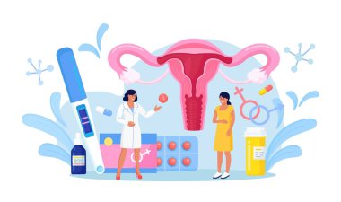 Gynecology checkup for women. Doctor gynecologist consult patient about fallopian tubes, ovary disease. Female reproductive system exam, treatment and therapy clipart