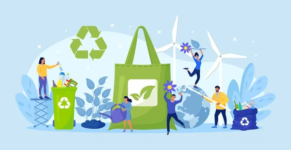 People Using Eco Bag Sorting Plastic Waste Recycling Eco Friendly — Stock Vector