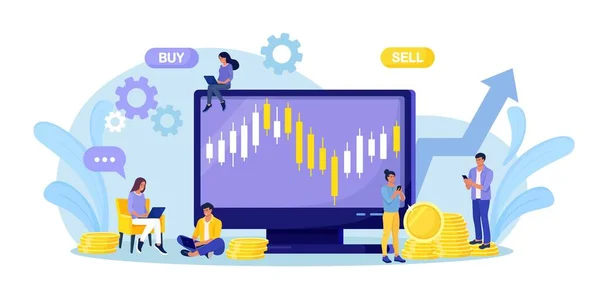 Apró Emberek Részvényeket Vesznek Adnak Számítógépen Technikai Analízis Gyertyatartó Diagram — Stock Vector