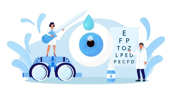 Szemészeti Fogalom Szemész Orvos Ellenőrzi Beteg Látását Optikai Teszt Szemre — Stock Vector