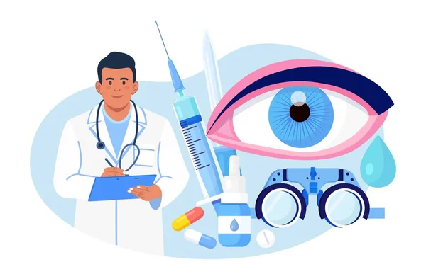 Ögonläkare Och Optisk Synundersökning Idé Ögonvård Och Syn Oftalmolog Läkare — Stock vektor