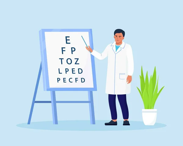 Medico Oftalmologo Piedi Vicino Eye Test Chart Puntando Bordo Diagnostica — Vettoriale Stock