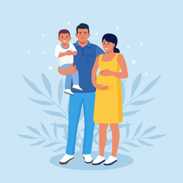 Ευτυχισμένη Μεγάλη Οικογένεια Στέκεται Μαζί Έγκυος Μαμά Μπαμπάς Και Παιδί — Διανυσματικό Αρχείο
