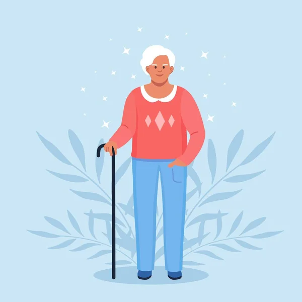 奶奶拿着手杖退休了 穿着休闲装 拿着手杖的老妇人 — 图库矢量图片