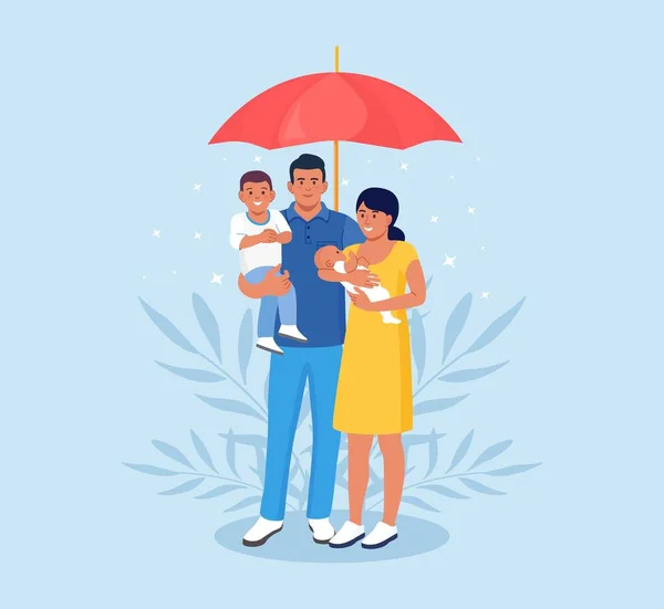 Rodina Pod Deštníkem Životní Pojištění Ochrana Zdraví Života Dětí Cestování — Stockový vektor