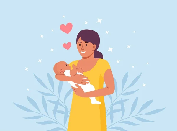 Madre Feliz Sostiene Bebé Sus Brazos Maternidad Cuidado Los Niños — Vector de stock