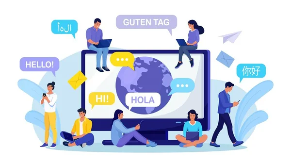 Άνθρωποι Συνομιλούν Ξένες Γλώσσες Χρησιμοποιώντας Φορητό Υπολογιστή Τηλέφωνο Πολύγλωσσος Χαιρετισμός — Διανυσματικό Αρχείο