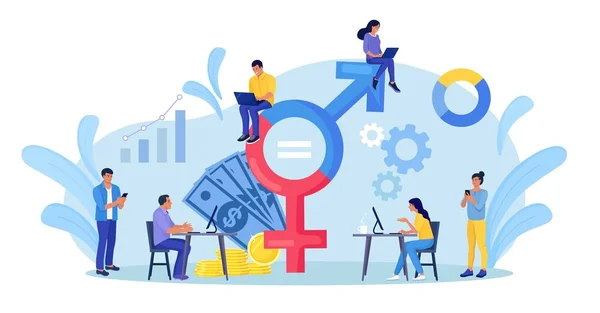 Man Vrouw Werken Met Een Groot Genderteken Gendergelijkheid Werknemers Zonder — Stockvector