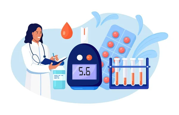 Médicos Testando Sangue Para Açúcar Glicose Usando Glicosímetro Para Diagnóstico — Vetor de Stock