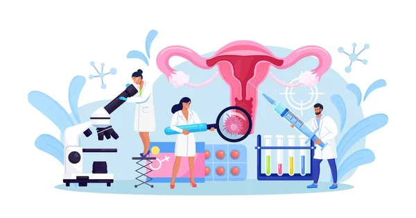 자궁경부암 유두종 바이러스 의사들은 자궁경부암을 치료하기 돋보기를 사용하여 자궁을 검사하고 — 스톡 벡터