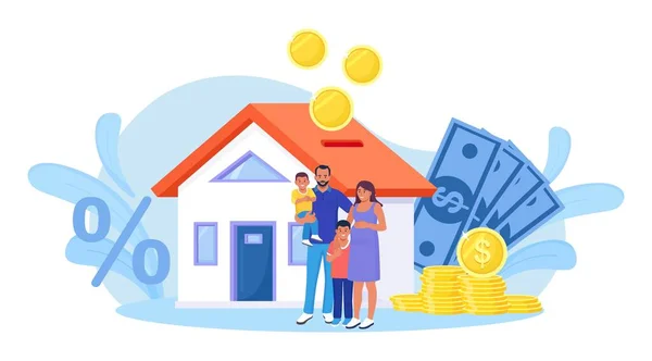 Rodzina Kupuje Nieruchomości Hipoteką Płaci Kredyt Bankowi Ludzie Oszczędzają Pieniądze — Wektor stockowy