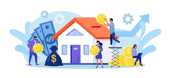 Winzige Leute Die Ein Verschuldetes Haus Kaufen Menschen Die Geld — Stockvektor