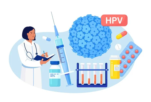 ヒトのパピローマウイルス 医師診断Hpvウイルス 子宮頸がん早期診断および検査 感染した細胞を分析する科学者 Hpvワクチン接種によりウイルス感染リスクや腫瘍を軽減 — ストックベクタ