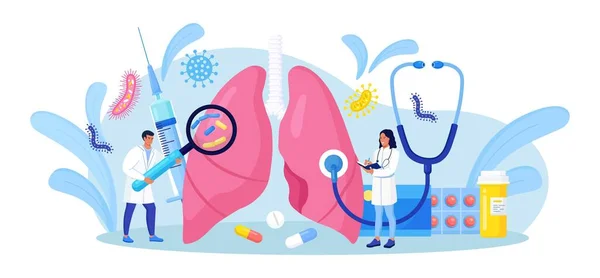 Pulmonología Pequeños Doctores Examinando Pulmones Tuberculosis Neumonía Tratamiento Diagnóstico Del — Archivo Imágenes Vectoriales