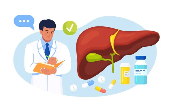 Doctor Examinando Hígado Humano Busca Hepatitis Cáncer Cirrosis Médico Escribiendo — Archivo Imágenes Vectoriales