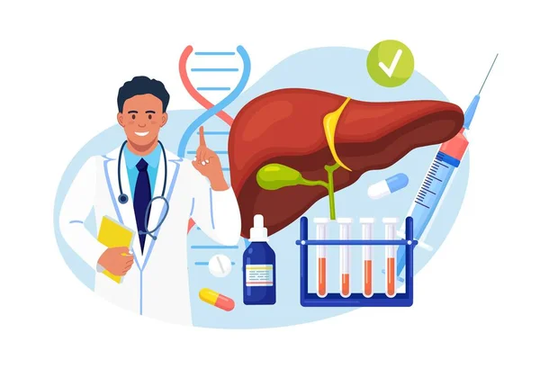 Doutor Examinando Fígado Humano Para Hepatite Câncer Cirrose Médico Perto —  Vetores de Stock