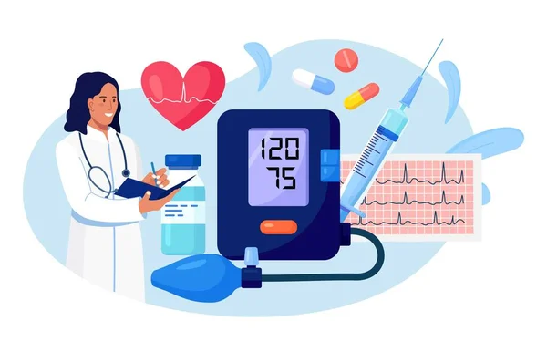 Υπέρταση Υπόταση Γιατρός Γράφει Αποτελέσματα Του Καρδιολογικού Ελέγχου Μεγάλο Σφυγμομανόμετρο — Διανυσματικό Αρχείο