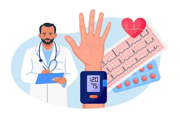 Hypertension Hypotension Cardiologue Mesurant Hypertension Artérielle Des Patients Par Sphygmomanomètre — Image vectorielle