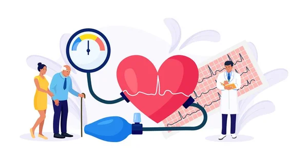 Υπόταση Υπέρταση Μικροσκοπικός Καρδιολόγος Που Μετρά Την Υψηλή Αρτηριακή Πίεση — Διανυσματικό Αρχείο