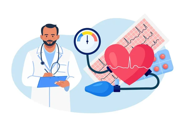 Hypertension Hypotension Docteur Écrivant Les Résultats Bilan Cardiologique Grand Cœur — Image vectorielle