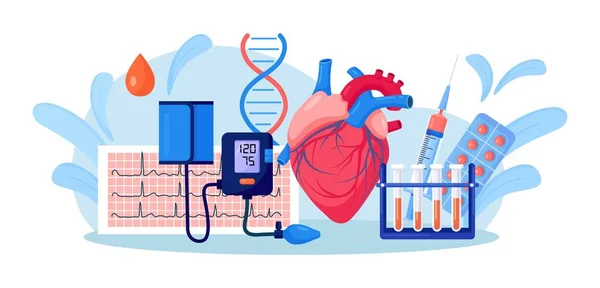 Lidské Srdce Sfygmomanometrem Ekg Kardiogramem Zkumavkou Léky Lékařské Vyšetření Měření — Stockový vektor