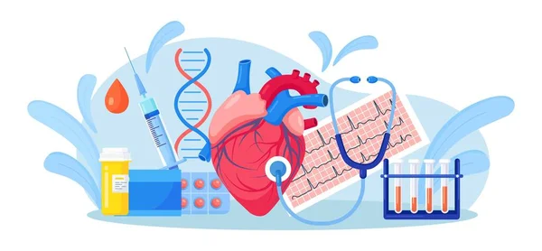 Coeur Humain Avec Stéthoscope Cardiogramme Ecg Éprouvette Sanguine Médicaments Examen — Image vectorielle