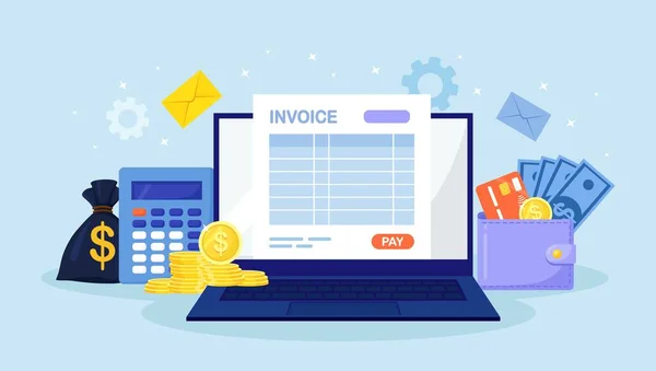 Online Bezahldienst Rechnungsformular Auf Dem Laptop Bildschirm Mit Zahlungstaste Bankkonten — Stockvektor
