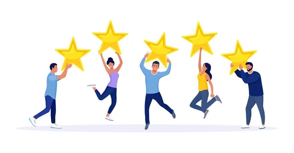 Classificação Cinco Estrelas Happy Jumping People Holding Review Stars Heads —  Vetores de Stock