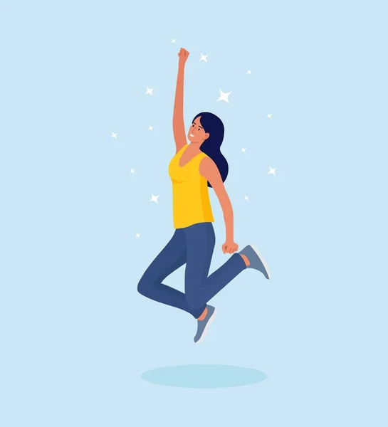 Молодая Женщина Прыгает Счастливая Позитивная Девушка Прыгает Выражает Радость Победа — стоковый вектор