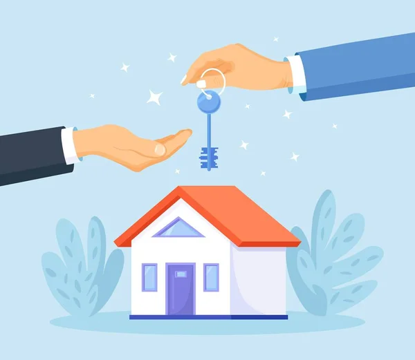 Ein Neues Haus Kaufen Immobilienmakler Der Dem Käufer Einen Schlüsselanhänger — Stockvektor