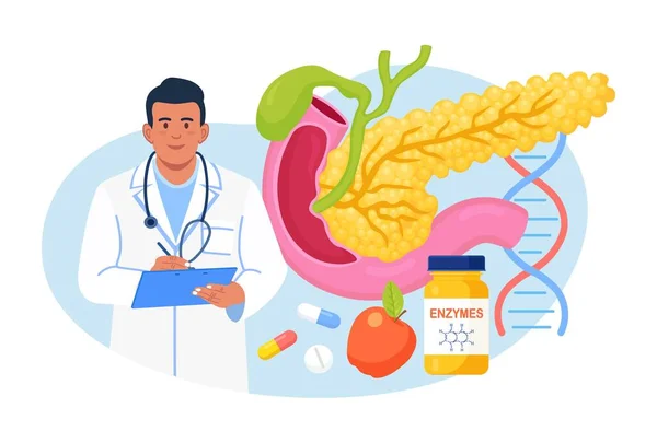 Concepto Pancreatitis Gastroenterólogo Diagnostica Inflamación Del Páncreas Doctor Examina Paciente — Archivo Imágenes Vectoriales