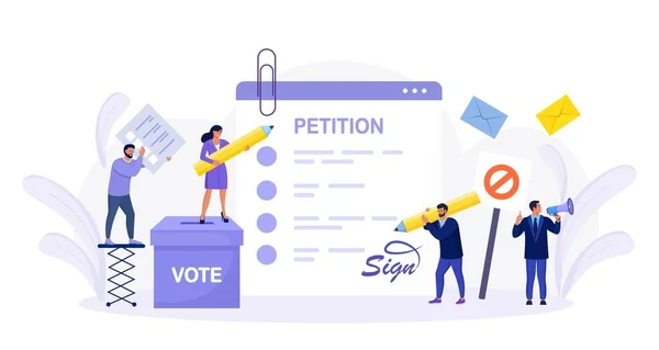 Formulaire Pétition Avec Urne Les Personnes Qui Signent Diffusent Une — Image vectorielle