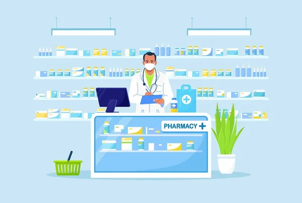 Médico Farmacêutico Está Atrás Balcão Farmácia Interior Farmácia Indústria Farmacêutica —  Vetores de Stock