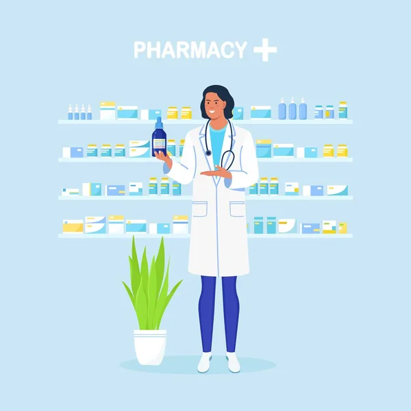 Doctor Pharmacist Standing Holding Medicament Shelves Pills Bottles Background Purchases — Stock Vector