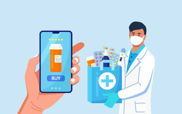 Gyógyszerész Eldobható Kesztyűben Papírzacskóval Gyógyszerekkel Gyógyszerekkel Gyógyszeres Üvegekkel Online Házhozszállítás — Stock Vector