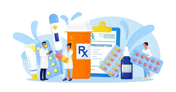 Online Gyógyszertár Gyógyszerész Gyógyszertárban Gyógyszeres Tabletták Üvegek Mellett Áll Orvosi — Stock Vector