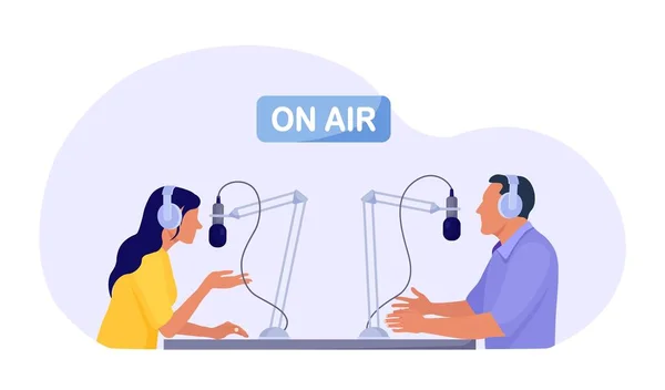 Radio Host Interviewing Guests Radio Station Man Woman Headphones Talking — Stock Vector