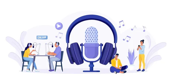 People Recording Podcast Radio Studio Female Radio Host Interviewing Guest — Stock Vector