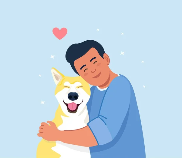 Cão Abraços Jovem Abraçando Cachorrinho Com Amor Amizade Menino Animal Ilustração De Bancos De Imagens