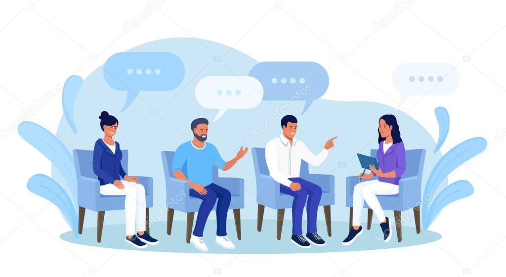 Addiction Treatment with Group Therapy. Doctor Psychologist Counseling with Diseased Patients. Psychotherapist Session. People Suffering from Problems, Attending Psychological Support Meeting
