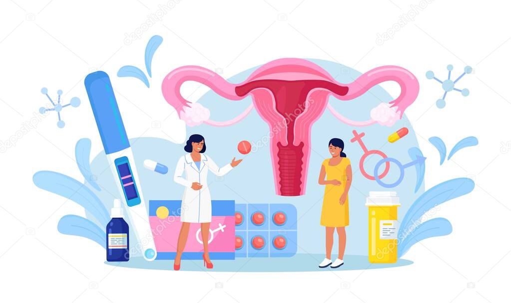 Gynecology checkup for women. Doctor gynecologist consult patient about fallopian tubes, ovary disease. Female reproductive system exam, treatment and therapy