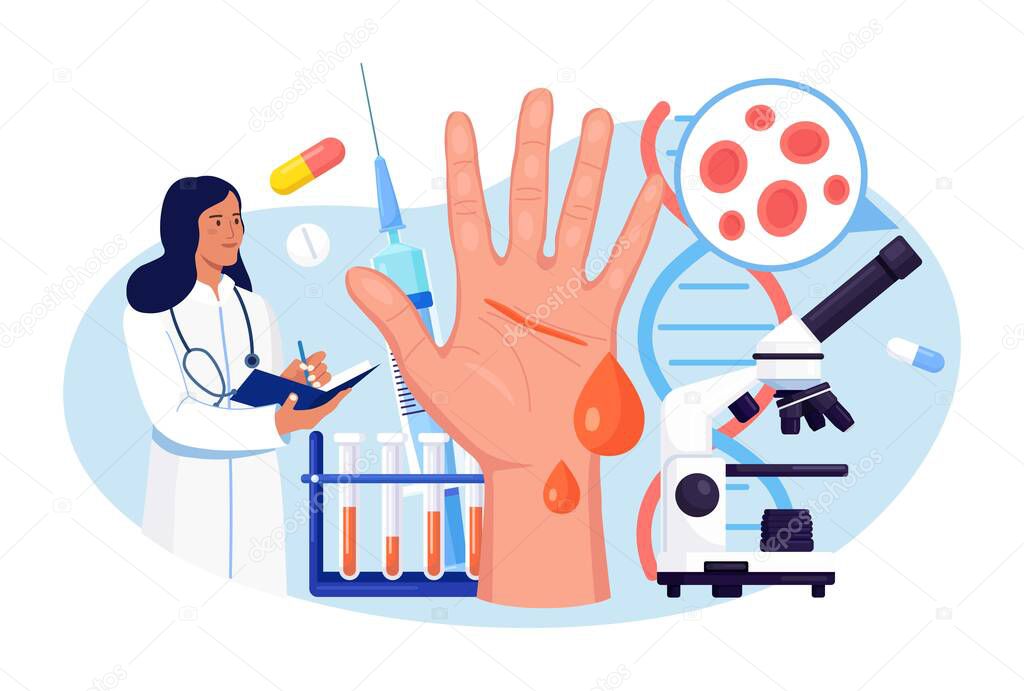 Hemophilia. Doctor examine the blood non-coagulability. Hand with a bleeding, unhealed wound. Physician treat the patient with anemia, blood disease. Detailed test for red blood cells, platelets