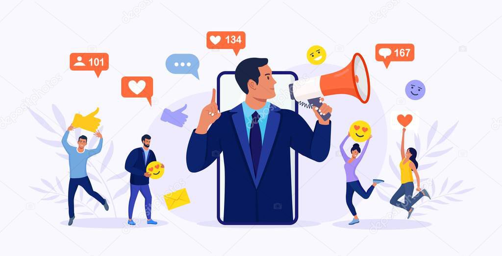 Business man shouting in megaphone and young people, followers surrounding him with social media icons. Influencer or blogger on phone screen. Internet marketing, social network promotion, SMM