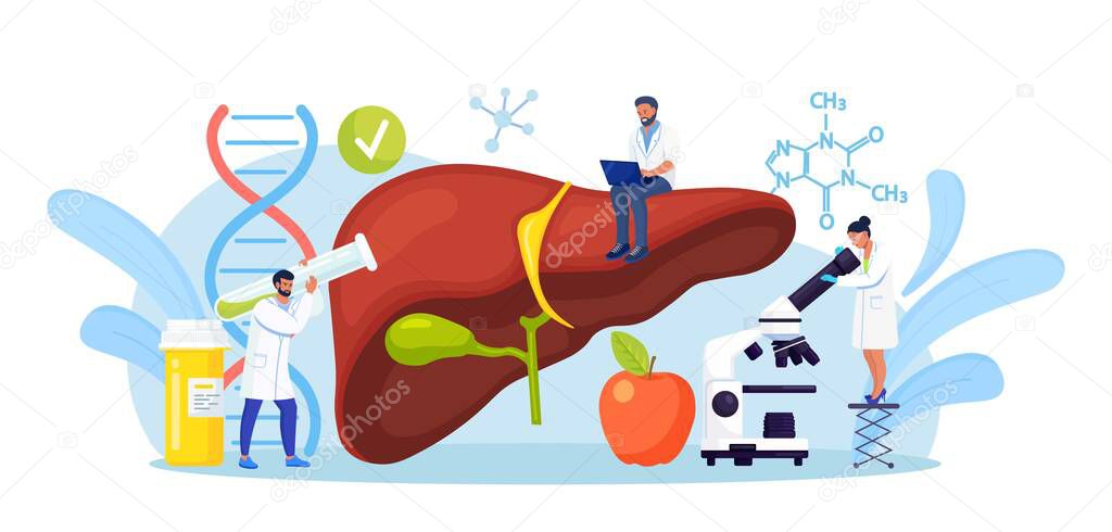 Tiny Doctors Treat the Liver Disease. Medical Diagnosis of Hepatitis A, B, C, D, Cirrhosis. Group of Doctors Examining Patient Inner Organs, Performing Lab Tests, Biopsy, Molecular Analysis 