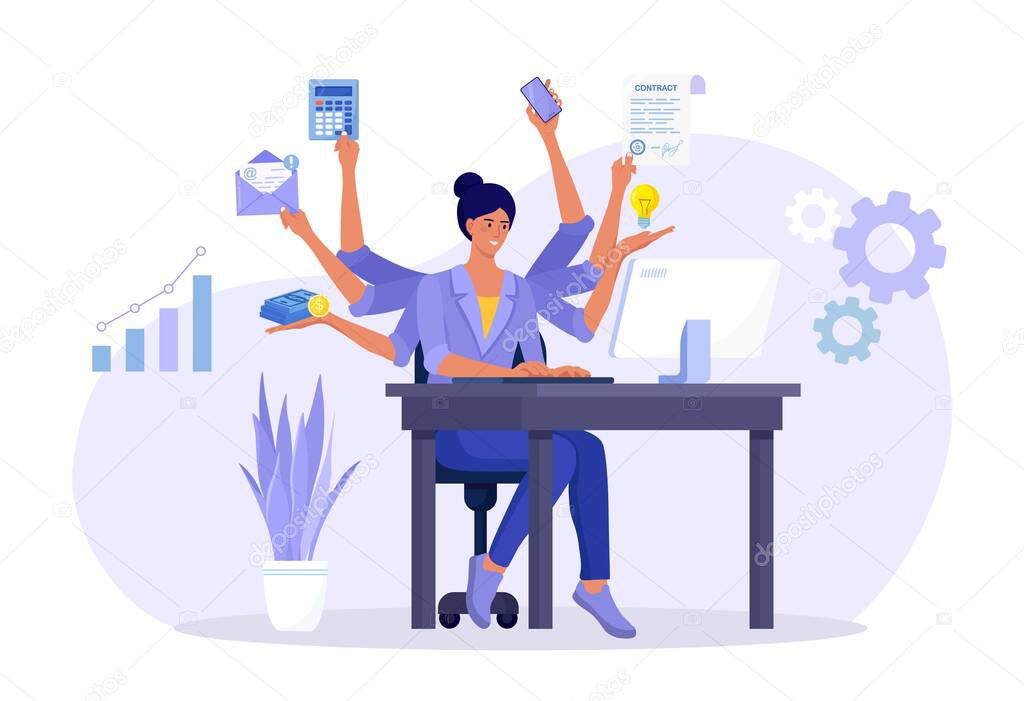 Business woman with many arms sitting at her laptop in office and doing many tasks at the same time. Freelance worker. Multitasking skills, effective time management and productivity concept
