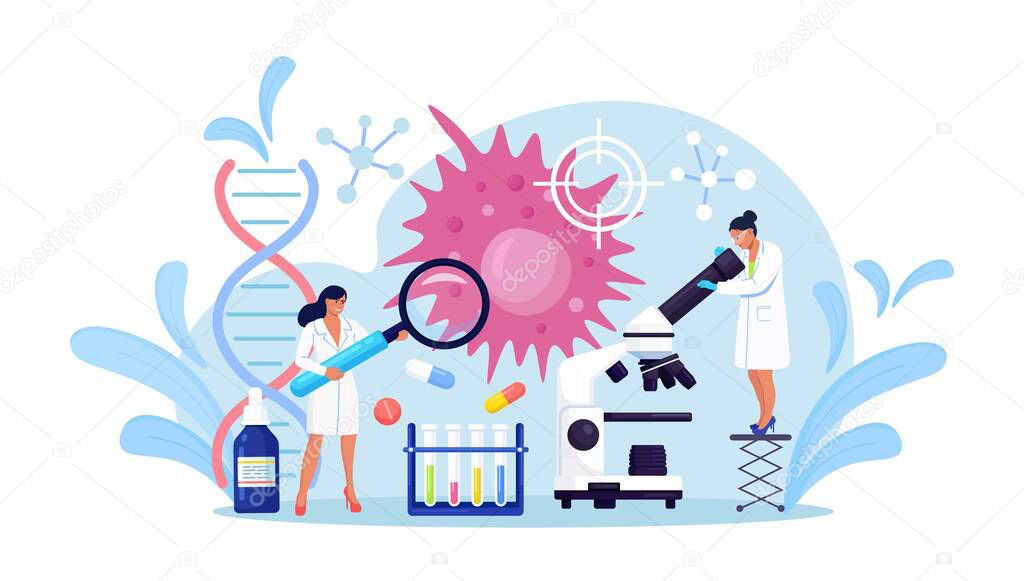 Oncology concept. Tiny persons research cancer disease. Radiology diagnosis and sickness therapy. Chemotherapy, biopsy, tumor removal