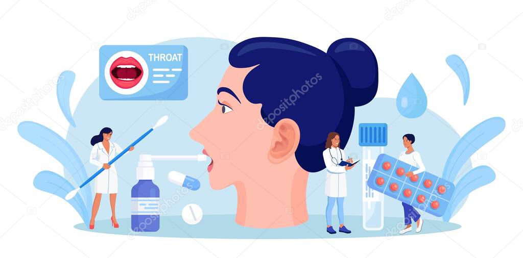 Otolaryngology. ENT treating diseases of ear, nose, throat. Doctor prescribes medications for patient with sore throat, inflamed tonsils, bacterial, viral infection, otitis, runny nose, cough