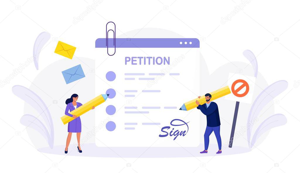 Petition form. People signing and spreading petition or complaint. Online balloting, making choice. Paper, democracy. Collective public appeal document addressed to a government.
