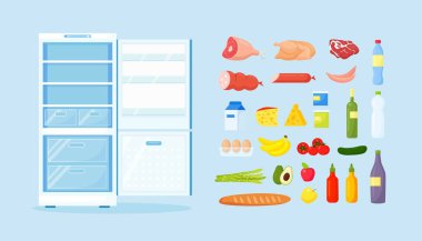 Opened empty refrigerator with different healthy food. Fridge on Kitchen, freezer with meat on shelves clipart