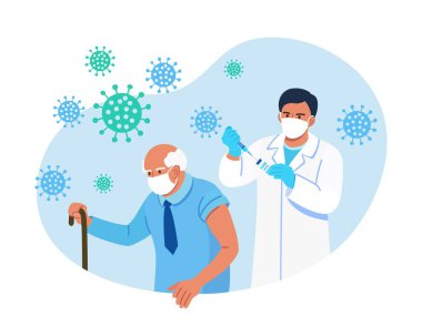 Yaşlı bir adama koronavirüs aşısı yapan bir doktor. Kovid-19 'un dokunulmazlık aşısı. Yetişkinlerin dokunulmazlığı